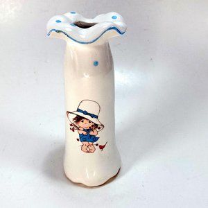 Vintage 1983 Sweet Me American Greeting White Ceramic Bud Vase Blue Polka Dots